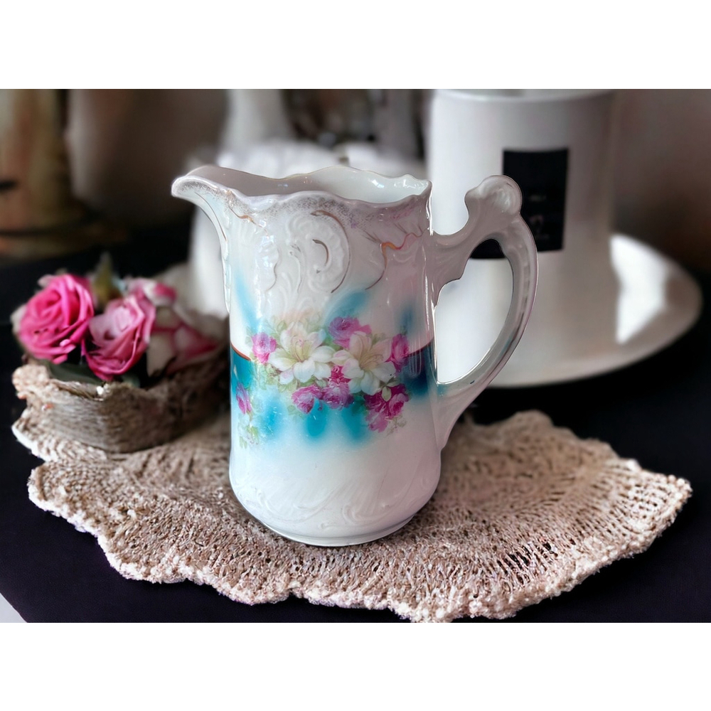 Shabby Chic Floral Pitcher White and Teal Vintage Pitcher Otnate Antique Pitcher - Picture 3 of 10